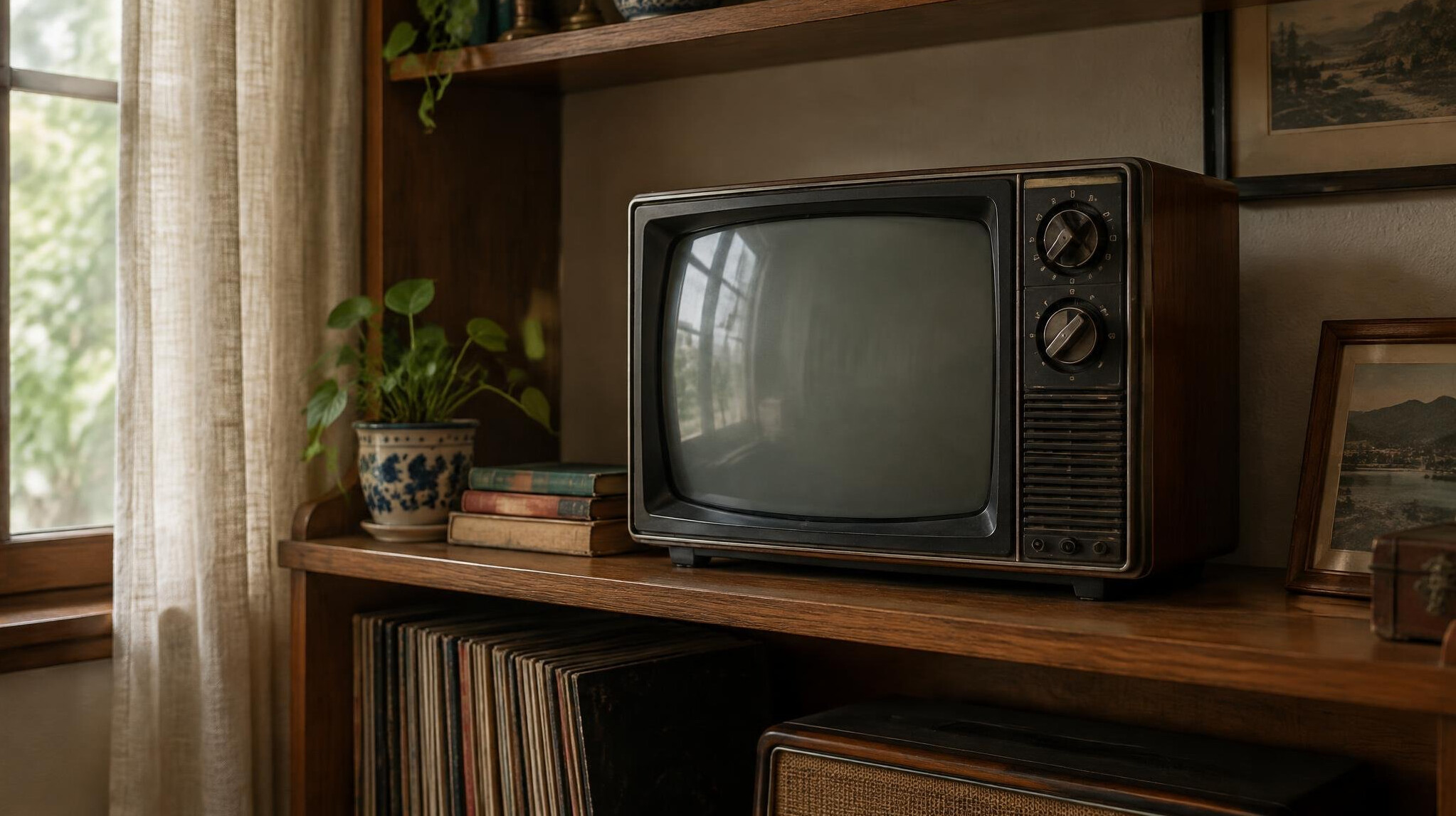 An old TV sitting on top of a wooden shelf
